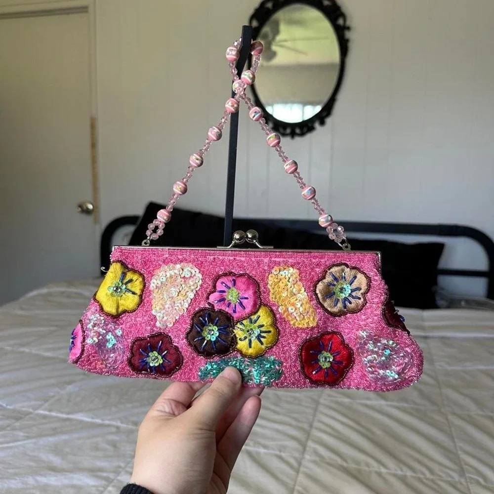 Pink floral beaded sequin clutch embroidered flowers y2k vintage fairy